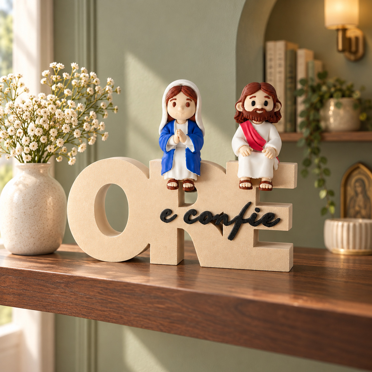 Kit Placa Ore e Confie Mini Nossa Senhora e Mini Jesus 3D