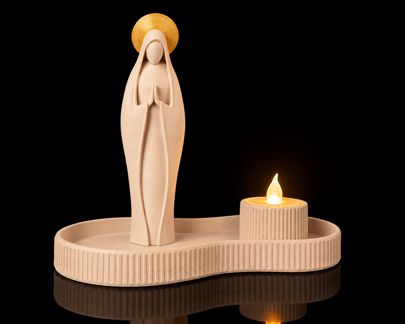 Estátua Virgem Maria com Suporte para Vela LED + Bandeja | Decoração Religiosa em Impressão 3D