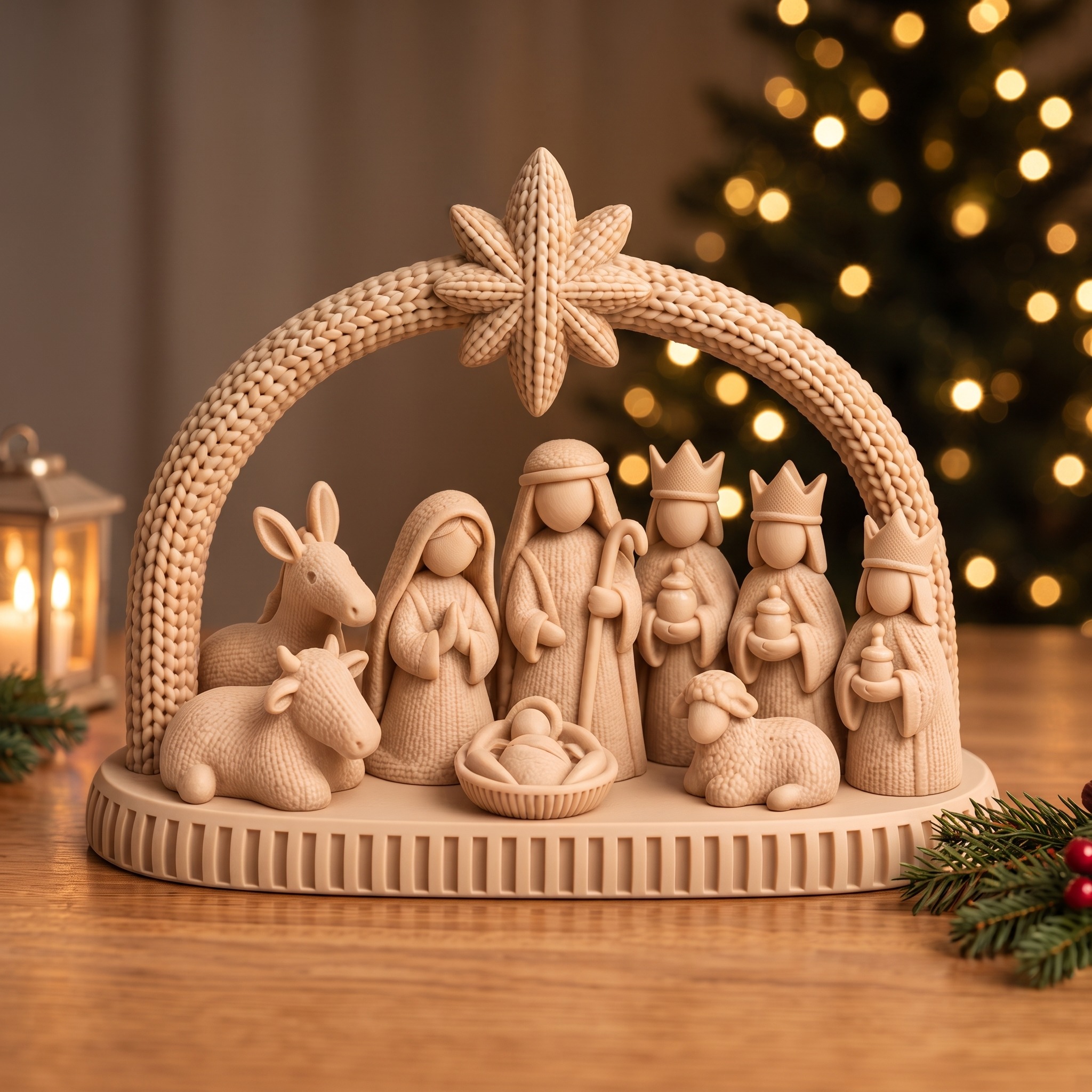 Presépio de Natal Sagrada Família com Arco Estrela e Textura de Tricô Decoração Natalina