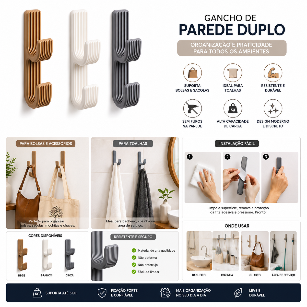 Gancho de Parede Duplo Multifuncional - kit com 2